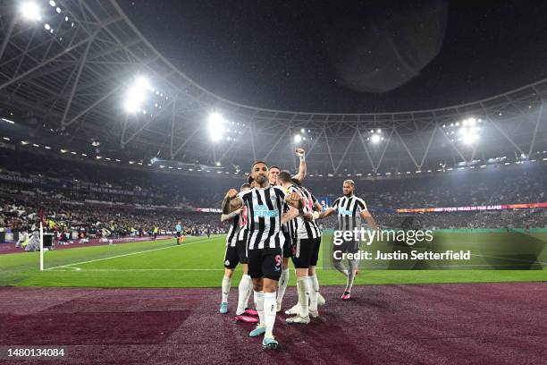 Callum Wilson of Newcastle United celebrates after scoring the team's third goal during the Premier League match between West Ham United and...