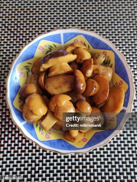 homemade pickled wild mushrooms - boletus reticulatus stock pictures, royalty-free photos & images