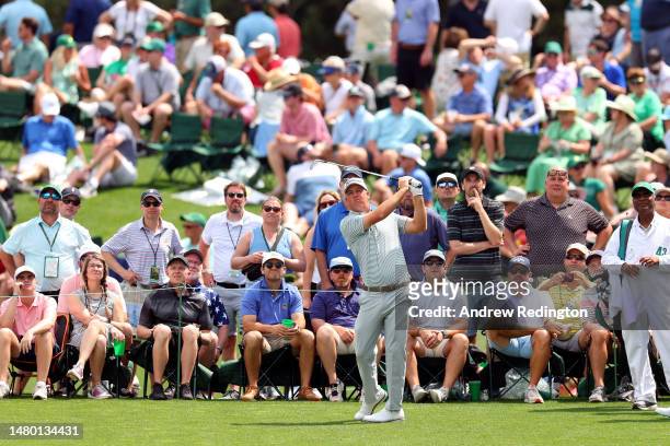 Tom Hoge of the United States plays a shot during the Par 3 contest prior to the 2023 Masters Tournament at Augusta National Golf Club on April 05,...