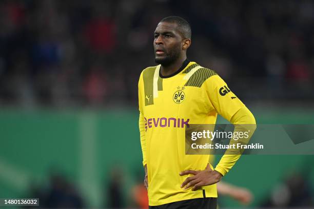 Anthony Modeste of Borussia Dortmund looks on during the DFB Cup quarterfinal match between RB Leipzig and Borussia Dortmund at Red Bull Arena on...