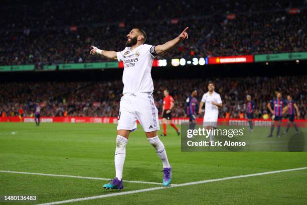Karim Benzema of Real Madrid celebrates after scoring the team's fourth goal and his hattrick during the Copa Del Rey Semi Final Second Leg match...