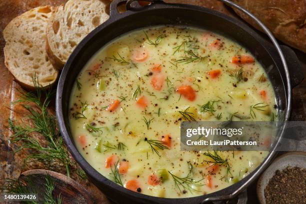 creamy polish dill and potato soup - dill stock pictures, royalty-free photos & images