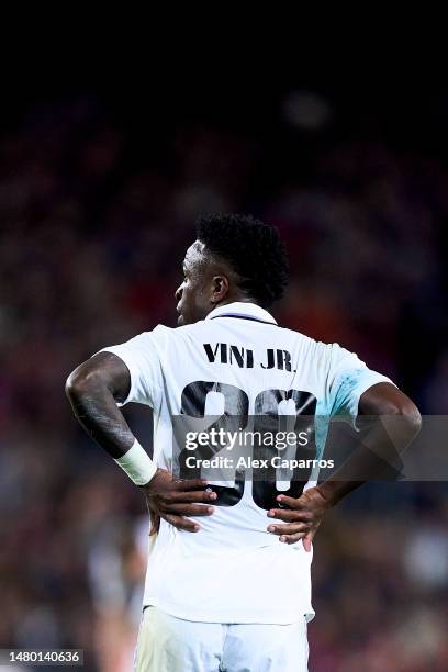 Vinicius Junior of Real Madrid CF looks on during the Copa Del Rey Semi Final Second Leg match between FC Barcelona and Real Madrid CF at Spotify...