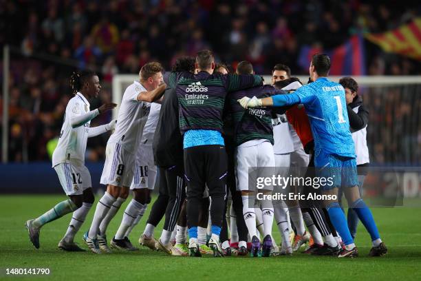 Real Madrid players celebrate after the team's victory in the Copa Del Rey Semi Final Second Leg match between FC Barcelona and Real Madrid CF at...