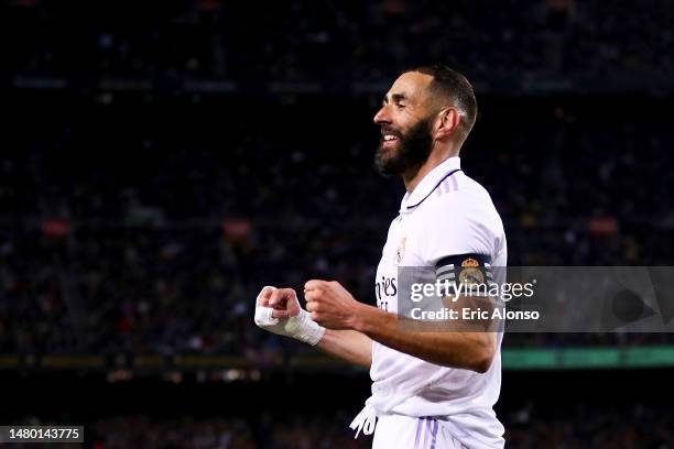 Karim Benzema of Real Madrid CF celebrates after scoring their fourth side goal during the Copa Del Rey Semi Final Second Leg match between FC...