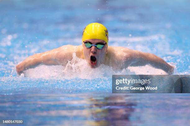 Charlie Broome of Co Leeds competes in the Men 200m Butterfly - B Final on Day Two of the British Swimming Championships 2023 at Ponds Forge on April...