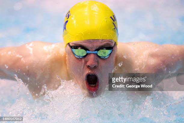 Charlie Broome of Co Leeds competes in the Men 200m Butterfly - B Final on Day Two of the British Swimming Championships 2023 at Ponds Forge on April...