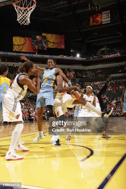 Jessica Davenport of the Indiana Fever battles Swin Cash of the Chicago Sky at Banker Life Fieldhouse on July 7, 2012 in Indianapolis, Indiana. NOTE...