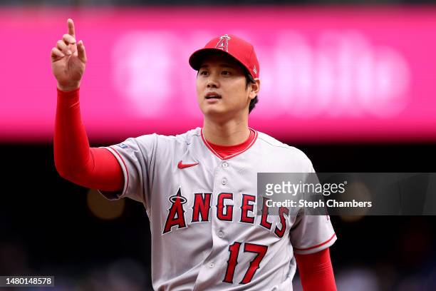 Shohei Ohtani of the Los Angeles Angels reacts during the first inning against the Seattle Mariners at T-Mobile Park on April 05, 2023 in Seattle,...