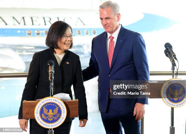 Taiwanese President Tsai Ing-wen and Speaker of the House Kevin McCarthy stand together in the Air Force One Pavilion at the Ronald Reagan...