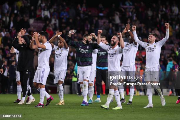 Players of Real Madrid celebrate the victory after the Spanish Cup, Copa del Rey, Semi Finals football match played between FC Barcelona and Real...