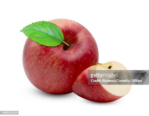 red apple with green leaf isolated on white background,craiova,romania - apple slice stock pictures, royalty-free photos & images