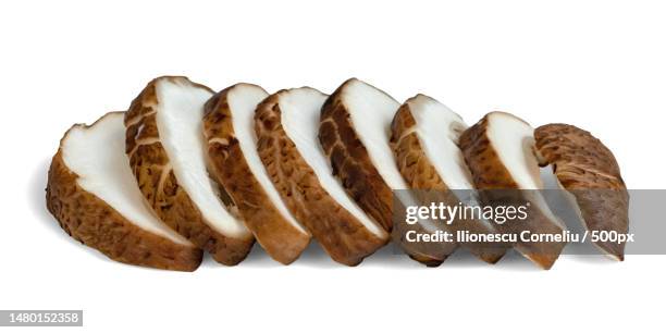 shiitake mushrooms sliced isolated on white background,craiova,romania - portobello mushroom stock pictures, royalty-free photos & images