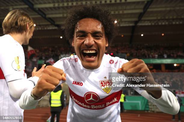 Enzo Millot of VfB Stuttgart celebrates after the team's victory in the DFB Cup Quarterfinal match between 1. FC Nürnberg and VfB Stuttgart at...