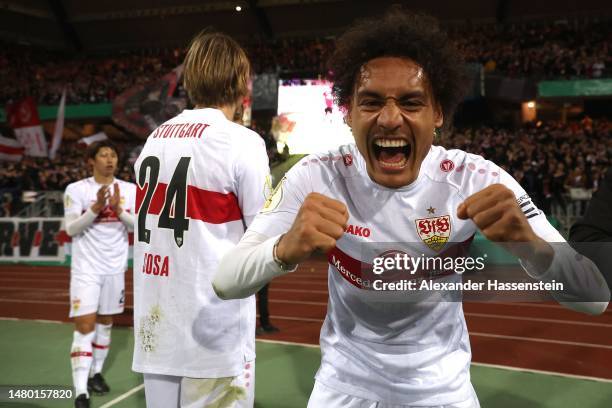 Enzo Millot of VfB Stuttgart celebrates after the team's victory in the DFB Cup Quarterfinal match between 1. FC Nürnberg and VfB Stuttgart at...