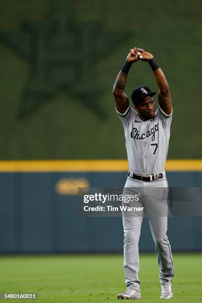 Tim Anderson of the Chicago White Sox warms up before the game against the Houston Astros at Minute Maid Park on April 02, 2023 in Houston, Texas.