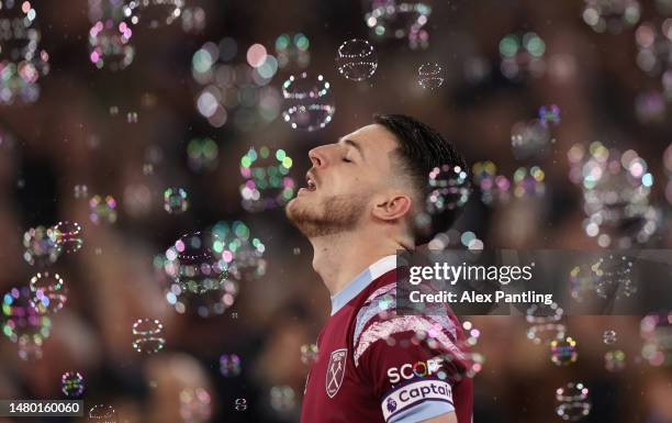 Declan Rice of West Ham walks through bubbles during the Premier League match between West Ham United and Newcastle United at London Stadium on April...