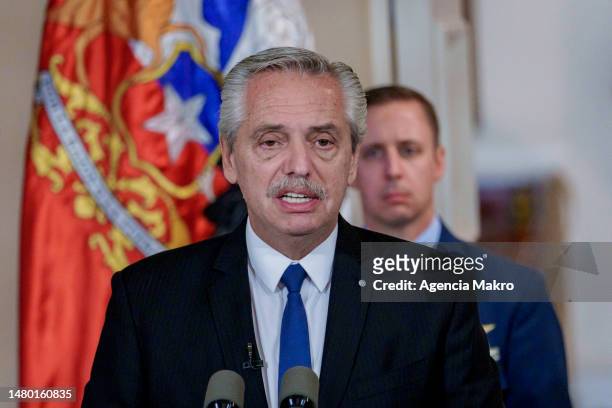 President of Argentina Alberto Fernandez speaks during a press conference with President of Chile Gabriel Boric after a meeting at Palacio de La...
