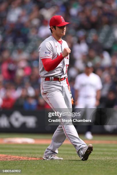 Shohei Ohtani of the Los Angeles Angels reacts during the sixth inning against the Seattle Mariners at T-Mobile Park on April 05, 2023 in Seattle,...