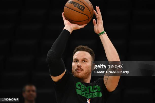 Blake Griffin of the Boston Celtics shoots the ball during warmups before a game against the Toronto Raptors at the TD Garden on April 05, 2023 in...