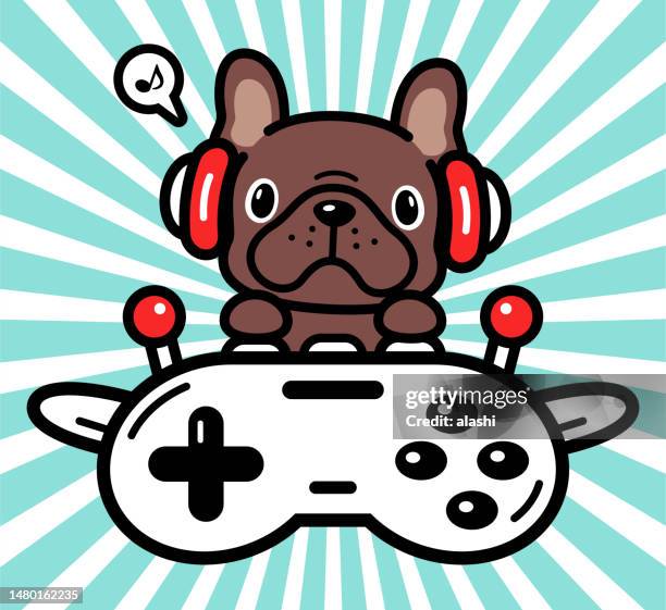 cute character design of a french bulldog wearing headphones and flying a plane made out of a game controller - chocolate face stock illustrations