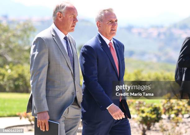 Speaker of the House Kevin McCarthy walks with Rep. Ryan Zinke after they and bipartisan lawmakers met with Taiwanese President Tsai Ing-wen at the...