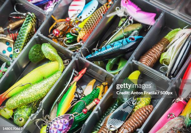 fishing lures and accessories in the box background,romania - fishing tackle box stockfoto's en -beelden