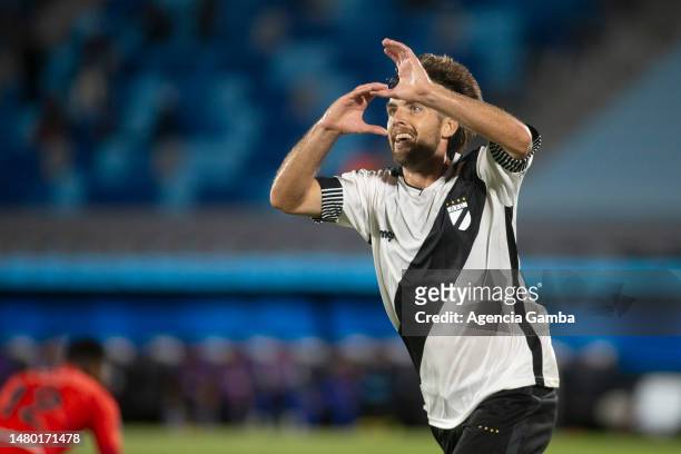 Guillermo May of Danubio celebrates after scoring the team's second goal during the Copa CONMEBOL Sudamericana 2023 group B match between Danubio and...