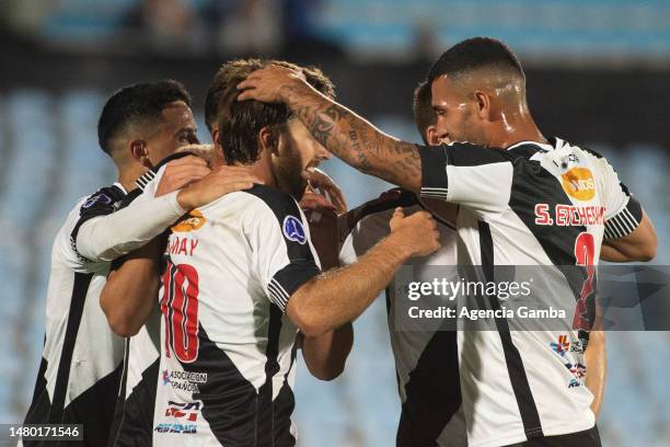 Guillermo May of Danubio celebrates with teammaets after scoring the team's second during the Copa CONMEBOL Sudamericana 2023 group B match between...