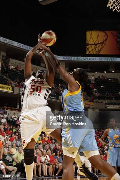 Jessica Davenport of the Indiana Fever battles Sylvia Fowles of the Chicago Sky at Banker Life Fieldhouse on July 7, 2012 in Indianapolis, Indiana....