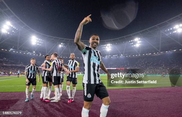 Callum Wilson of Newcastle United celebrates after scoring the team's third goal during the Premier League match between West Ham United and...