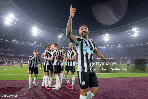 Callum Wilson of Newcastle United celebrates after scoring the team's third goal during the Premier League match between West Ham United and...