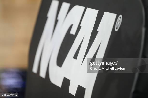 The NCAA logo on the basket ahead of the 2023 NCAA Mens Basketball Tournament Final Four semifinal games at NRG Stadium on March 31, 2023 in Houston,...