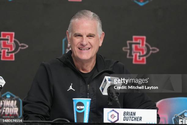 Head coach Brian Dutcher of the San Diego State Aztecs talks to the media ahead of the 2023 NCAA Mens Basketball Tournament Final Four semifinal...