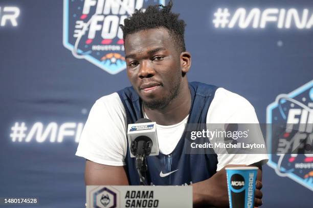 Adama Sanogo of the Connecticut Huskies talks to the media ahead of the 2023 NCAA Mens Basketball Tournament Final Four semifinal games at NRG...