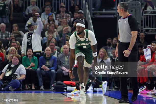 Bobby Portis of the Milwaukee Bucks reacts to a three point shot during the first half of a game against the Chicago Bulls at Fiserv Forum on April...