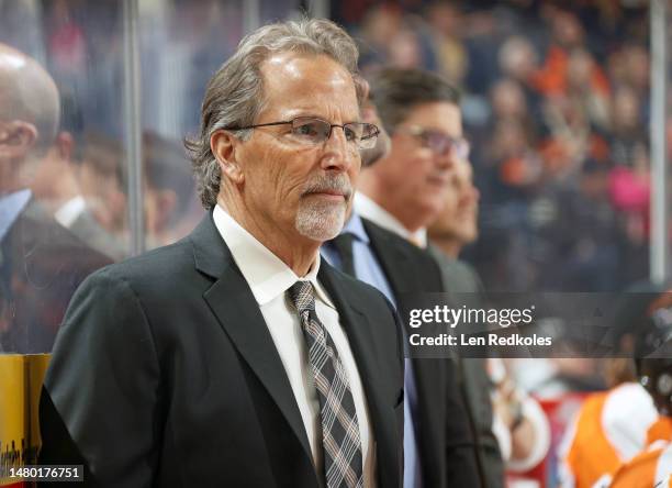 Head Coach of the Philadelphia Flyers John Tortorella watches the play on the ice during the first period against the Detroit Red Wings at the Wells...