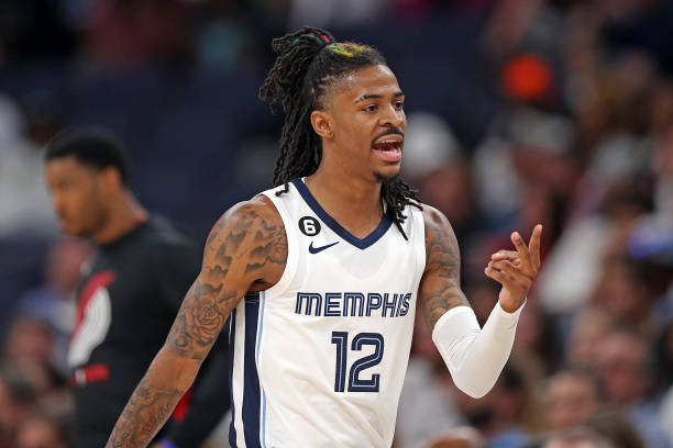 Ja Morant of the Memphis Grizzlies during the game against the Portland Trail Blazers at FedExForum on April 04, 2023 in Memphis, Tennessee. NOTE TO...