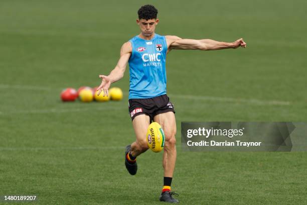 Anthony Caminiti of the Saints kicks the ball during a St Kilda Saints AFL training session at RSEA Park on April 06, 2023 in Melbourne, Australia.