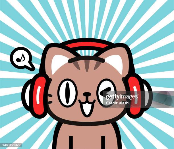 bildbanksillustrationer, clip art samt tecknat material och ikoner med cute character design of a little cat wearing headphones - spräcklig katt