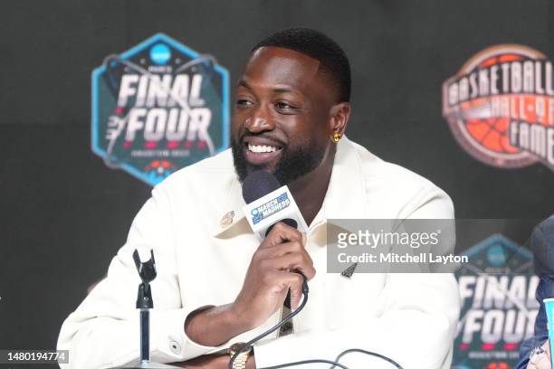 Former NBA player Dwyane Wade talks to the media during the Naismith Basketball Hall of Fame official announcement for the Class of 2023 before the...