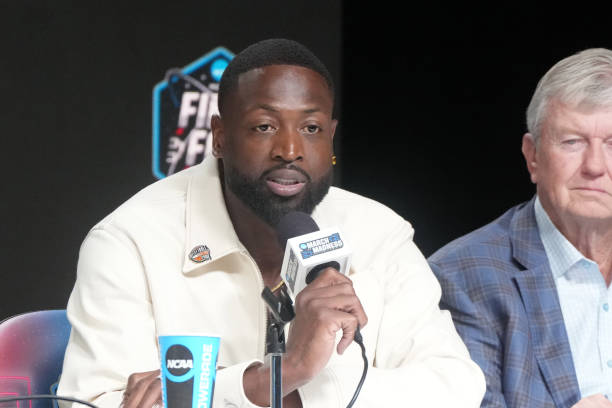 Former NBA player Dwayne Wade talks to the media during the Naismith Basketball Hall of Fame official announcement for the Class of 2023 before the...