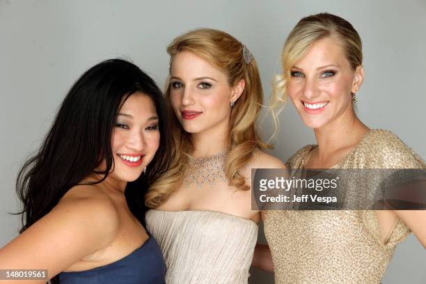 Actors Jenna Ushkowitz, Dianna Agron, and Heather Morris pose for a portrait backstage at the 68th Annual Golden Globe Awards held at The Beverly...