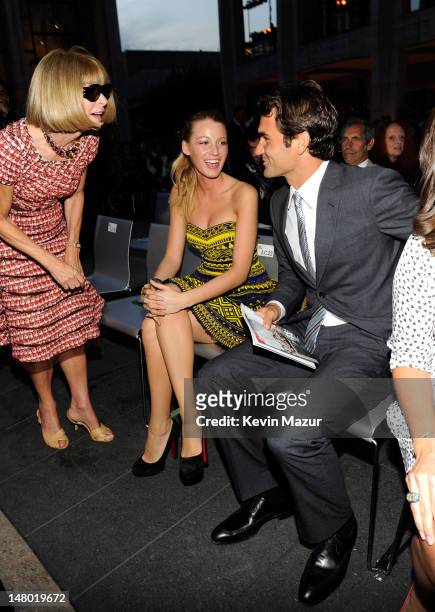 Editor-In-Chief of Vogue Anna Wintour, Blake Lively and Roger Federer attends Fashion's Night Out: The Show at Lincoln Center on September 7, 2010 in...