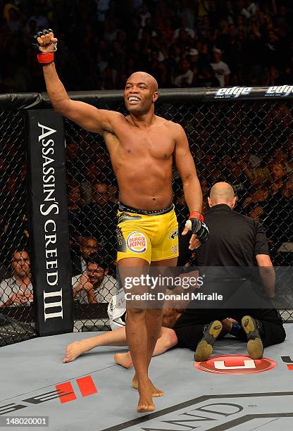 Anderson Silva reacts to his victory over Chael Sonnen during their UFC middleweight championship bout at UFC 148 inside MGM Grand Garden Arena on...