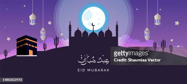 eid mubarak greeting card background design. islamic arabic background. - arabic calligraphy stock illustrations
