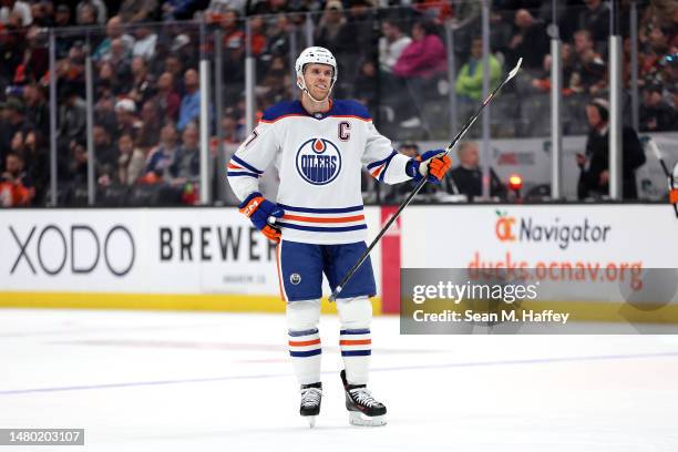 Connor McDavid of the Edmonton Oilers looks on during the first period of a game against the Anaheim Ducks at Honda Center on April 05, 2023 in...