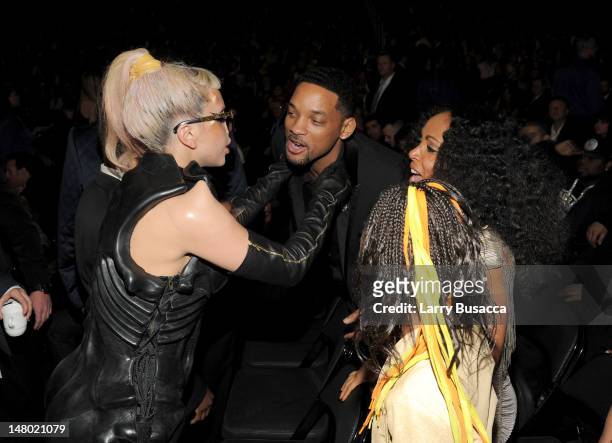 Singer Lady Gaga, actors Will Smith and Jada Pinkett Smith and singer Willow Smith attend The 53rd Annual GRAMMY Awards held at Staples Center on...