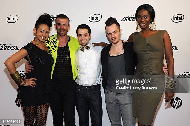 Anya Ayoung-Chee, Joshua McKinley, Viktor Luna, Anthony Ryan Auld and Kimberly Goldson attend HP Project Runway Designer Reunion at Empire Hotel on...