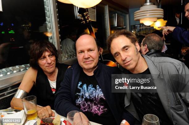 Musicians Jeff Beck, Jan Hammer and Nils Lofgren attends the after party at Les Paul's 95th Birthday with Special Intimate Performance at Iridium...